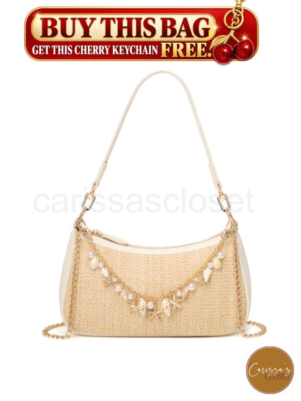 ✨ Black PU Leather Hobo Shoulder Bag Cute Cherry Charm Removable Strap Clutch